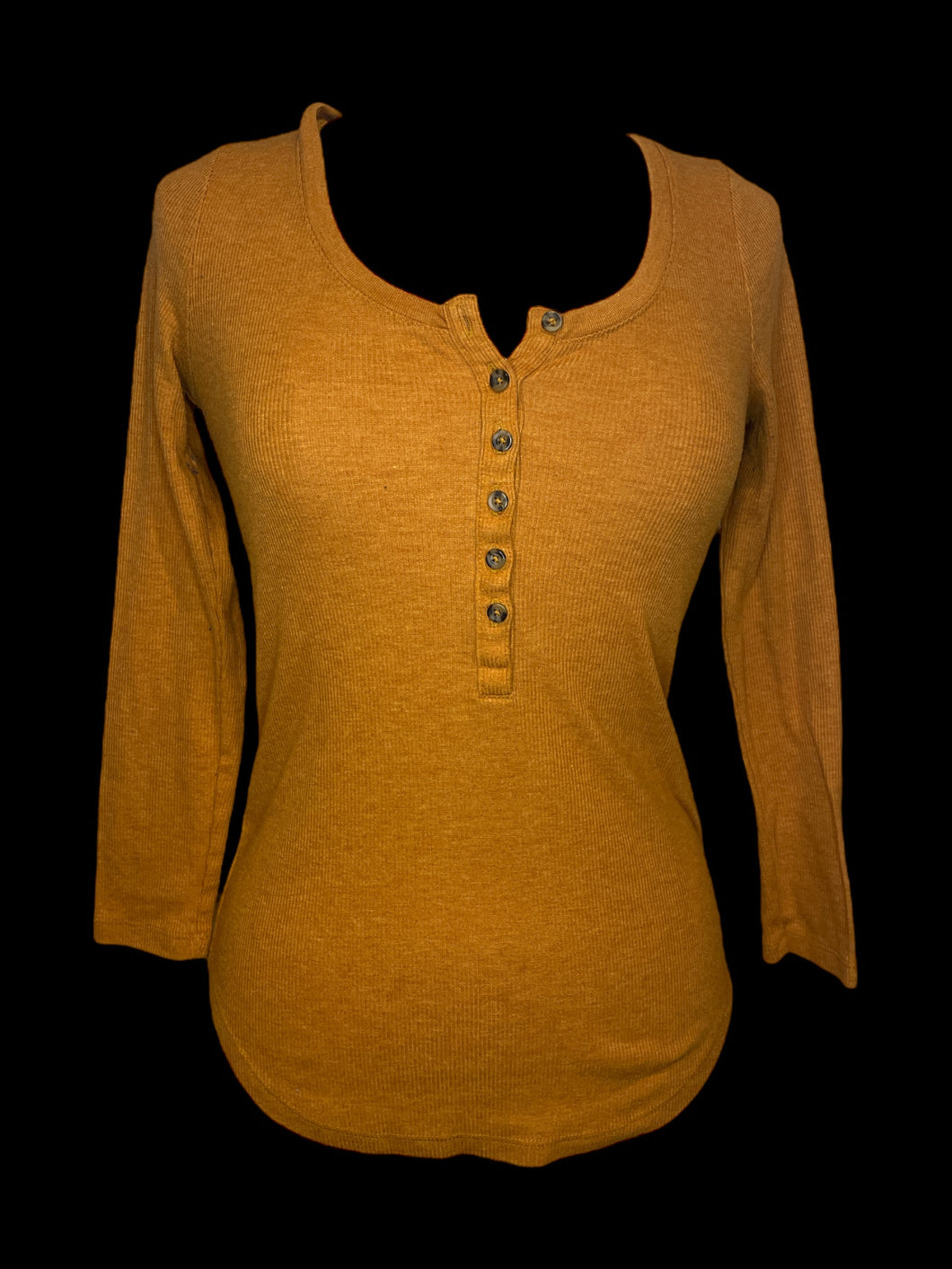 S Mustard yellow scoop neck rib knit 3/4 button down long sleeve top