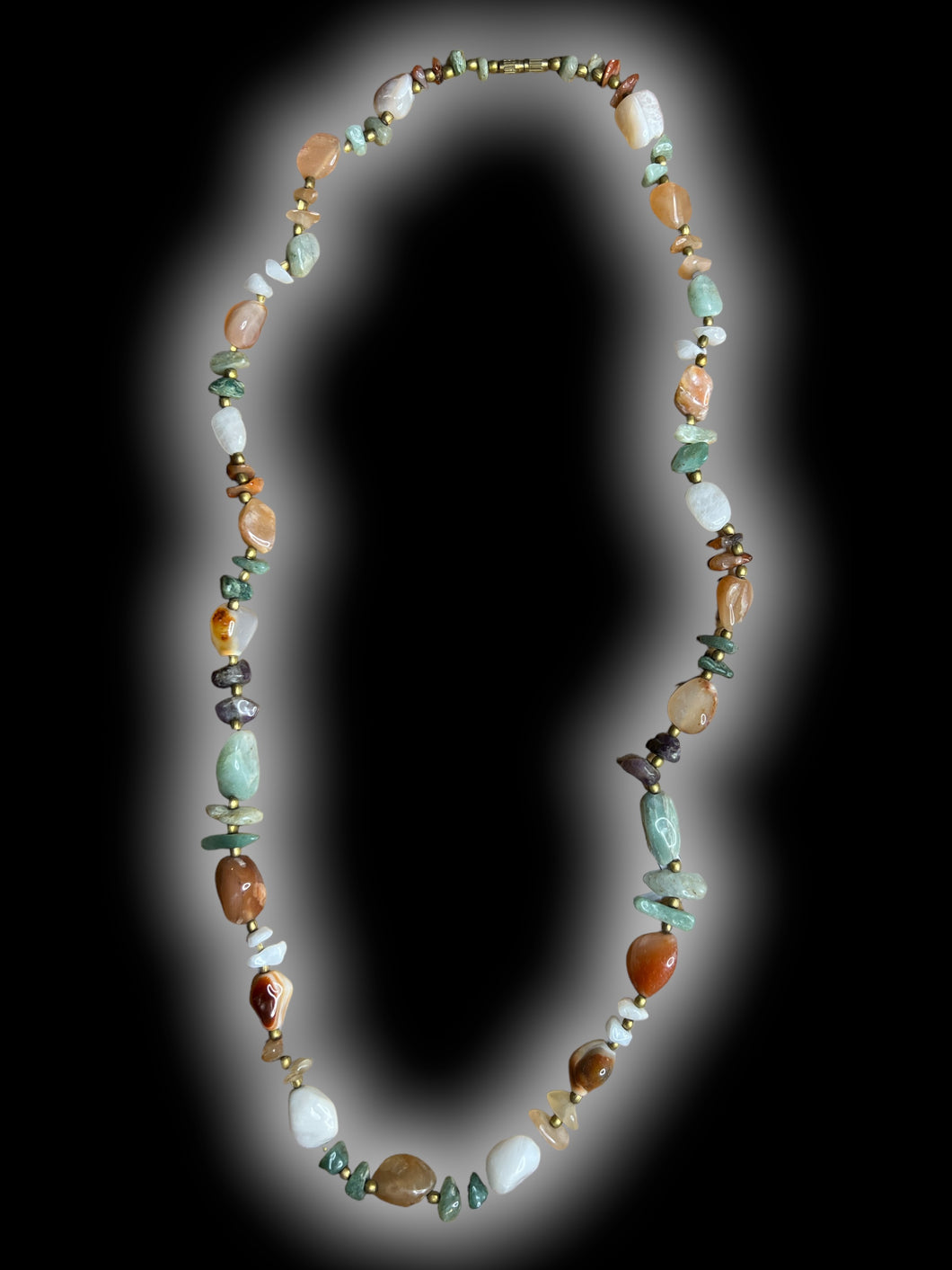 Multicolor tumbled stone & brass-like beaded necklace w/ screw clasp closure