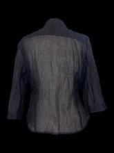Load image into Gallery viewer, M Dark blue sheer half sleeve button down top w/ botanical accent, &amp; folded collar
