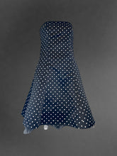 Load image into Gallery viewer, XS Vintage Gunne Sax black strapless dress w/ white polka dots, tule hem petticoat, plastic boning, &amp; clasp/zipper closure
