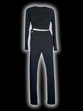 Load image into Gallery viewer, M NWT black rib knit long sleeve wrap top &amp; taper leg pants set w/ elastic waist
