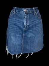 Load image into Gallery viewer, L Blue denim skirt w/ raw hem, pockets, belt loops, &amp; button/zipper closure
