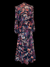 Load image into Gallery viewer, 0X NWT Black &amp; multicolor floral sheer long balloon sleeve keyhole neckline dress w/ drawstring waist, ruffle details, &amp; black attached slip
