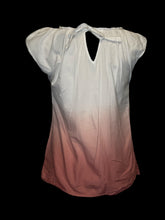 Load image into Gallery viewer, M White &amp; pink ombre top w/ eyelet floral cutouts, scalloped hem, cap sleeves, tie keyhole back, &amp; ruffled scoop neckline
