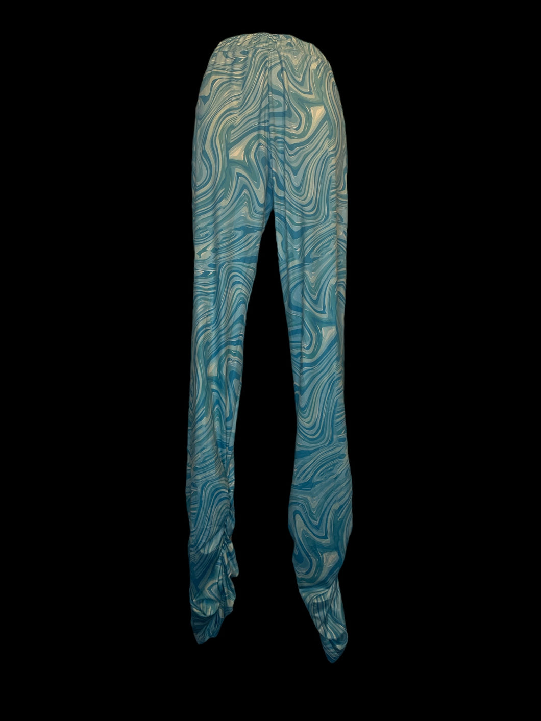 M Blue swirling pattern stretchy pants w/ elastic waist, & ruched ankles
