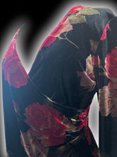Load image into Gallery viewer, L Black, red, &amp; green velvet floral pattern mock-wrap long sleeve dress w/ ruching detail
