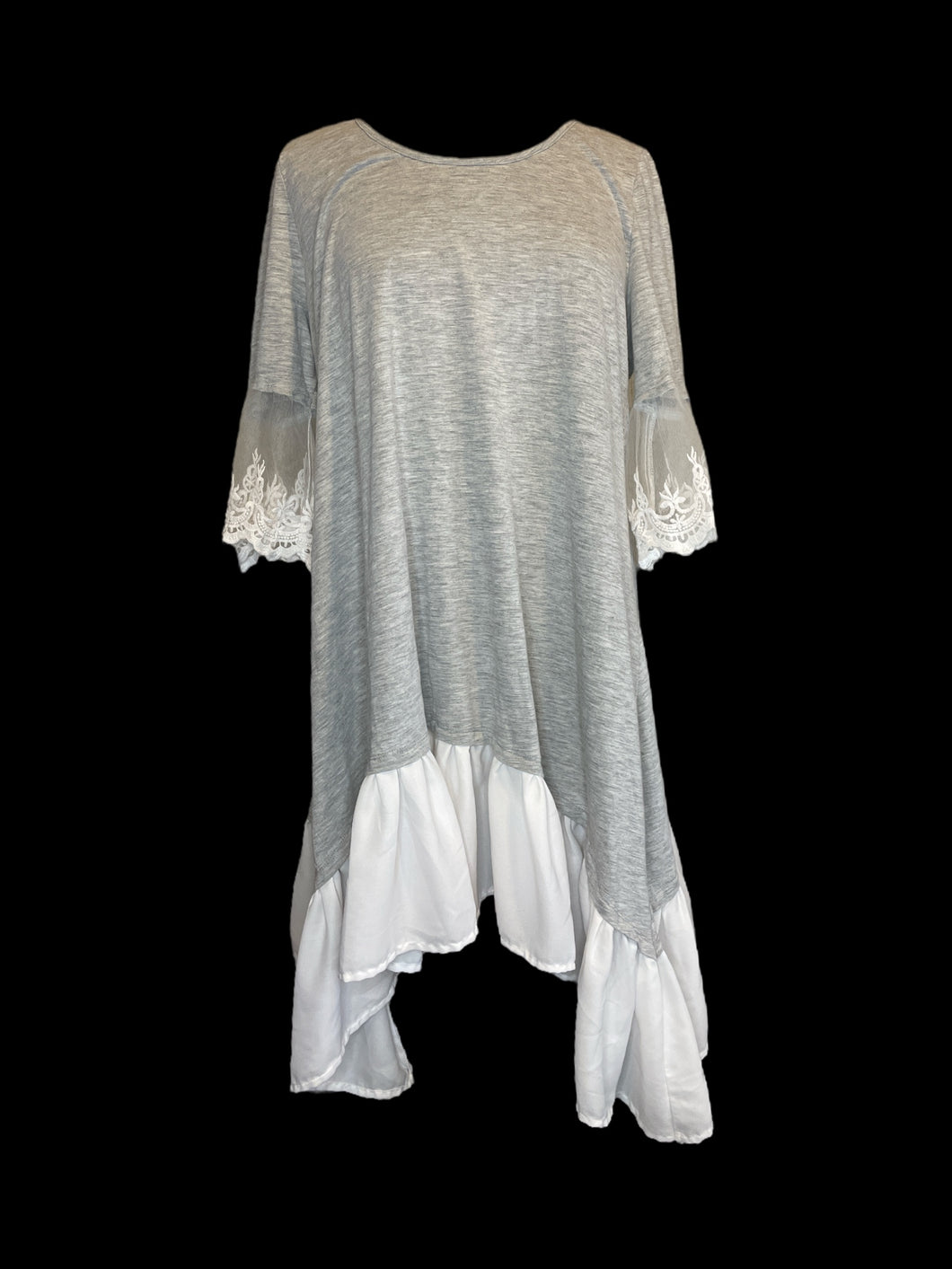 0X Heathered grey scoopneck dress w/ white mesh & lace layered sleeves, & layered white ruffled hem