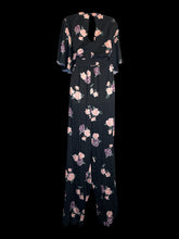 Load image into Gallery viewer, 2X Black, pink, purple, &amp; green floral pattern short sleeve v-neckline wide leg jumpsuit w/ button keyhole closure, shirred waist, &amp; pockets
