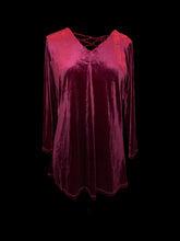 Load image into Gallery viewer, 0X Dark red velvet long sleeve v-neckline top w/ mock lace up detail

