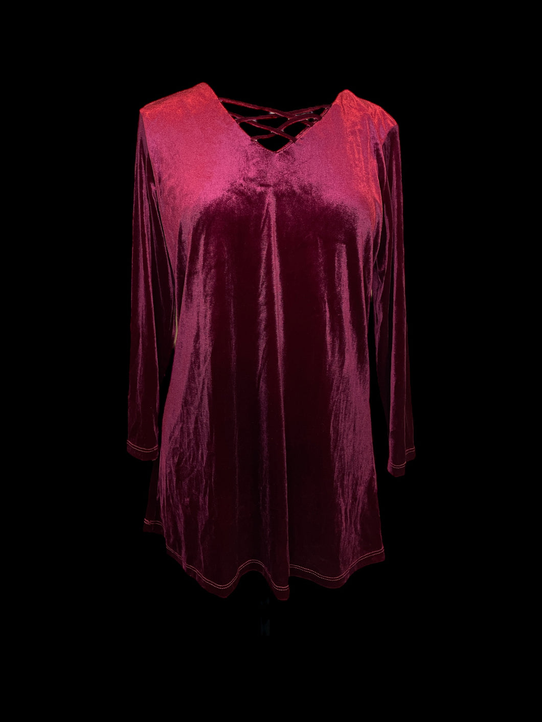 0X Dark red velvet long sleeve v-neckline top w/ mock lace up detail