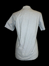 Load image into Gallery viewer, L Light blue &amp; white gingham short sleeve button down collared shirt w/ chest pocket
