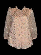 Load image into Gallery viewer, M NWT Light pink, gold, &amp; blue sheer crepe fabric 3/4 sleeve high collar button up top w/ ruffle details, button cuffs, &amp; round hem
