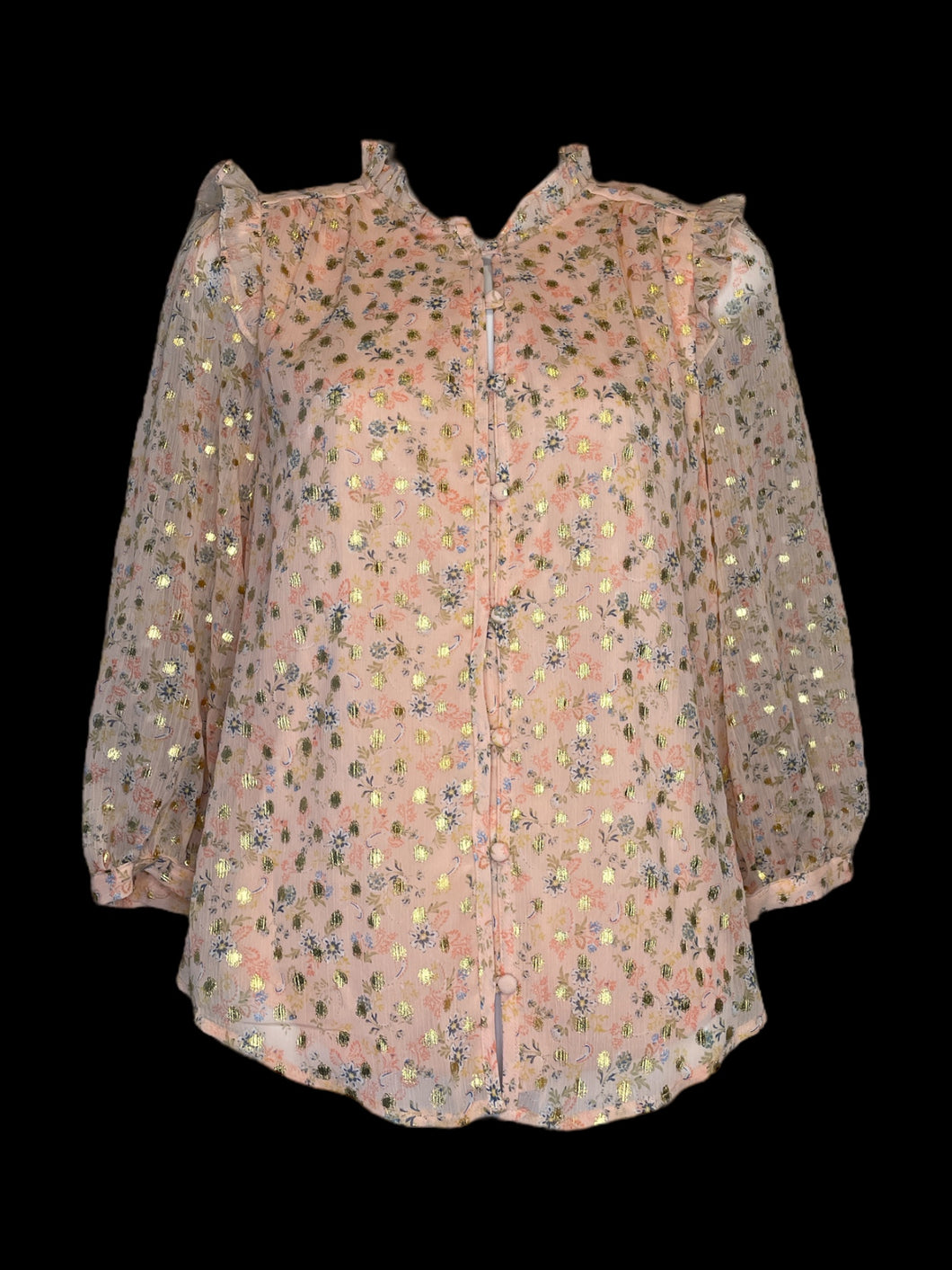 M NWT Light pink, gold, & blue sheer crepe fabric 3/4 sleeve high collar button up top w/ ruffle details, button cuffs, & round hem