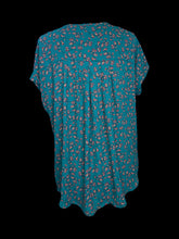 Load image into Gallery viewer, 1X Teal, pink, &amp; black floral short batwing sleeve scoop neck hi-lo top
