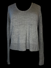 Load image into Gallery viewer, L Grey knit hooded scoop neck  sweater w/ loose knit sleeves, ribbed hems, &amp; kangaroo pocket
