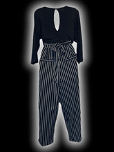 Load image into Gallery viewer, XL NWT Black &amp; grey half sleeve mock-wrap neckline wide striped leg jumpsuit w/ button keyhole closure, cloth belt, &amp; pockets

