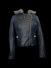 Load image into Gallery viewer, S Black lamb leather hooded moto jacket w/ rabbit fur hood, snap button pockets, &amp; pink interior accents
