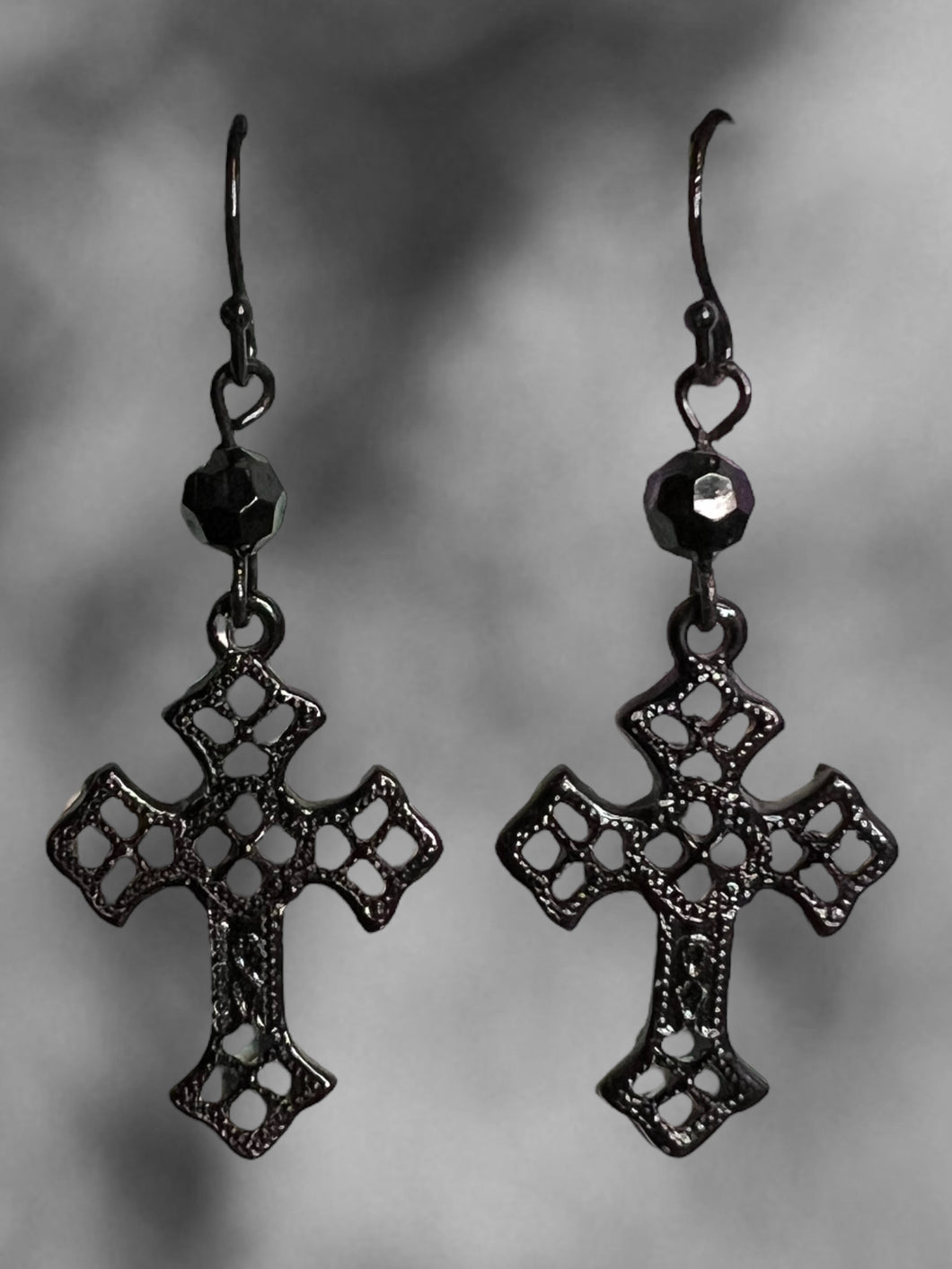 Black lattice cross & beaded wire hook earrings