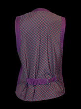 Load image into Gallery viewer, M Plum cotton waistcoat w/ black, white, &amp; red plaid back, cinching buckle, coat of arms embroidery, black embroidery text “Premium Jean XPJ 91”, &amp; zipper pockets
