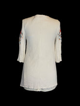 Load image into Gallery viewer, S Off-white half sleeve lace up neckline top w/ multicolor floral embroidery, &amp; ruffle cuffs
