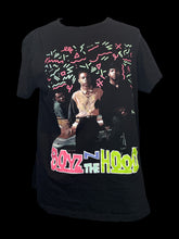 Load image into Gallery viewer, L Black short sleeve crew neck top w/ &quot;Boyz N The Hood&quot; graphic, stylized neon text, &amp; geometric accents
