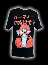 Load image into Gallery viewer, L Black, orange, &amp; white anime graphic short sleeve crew neck cotton top

