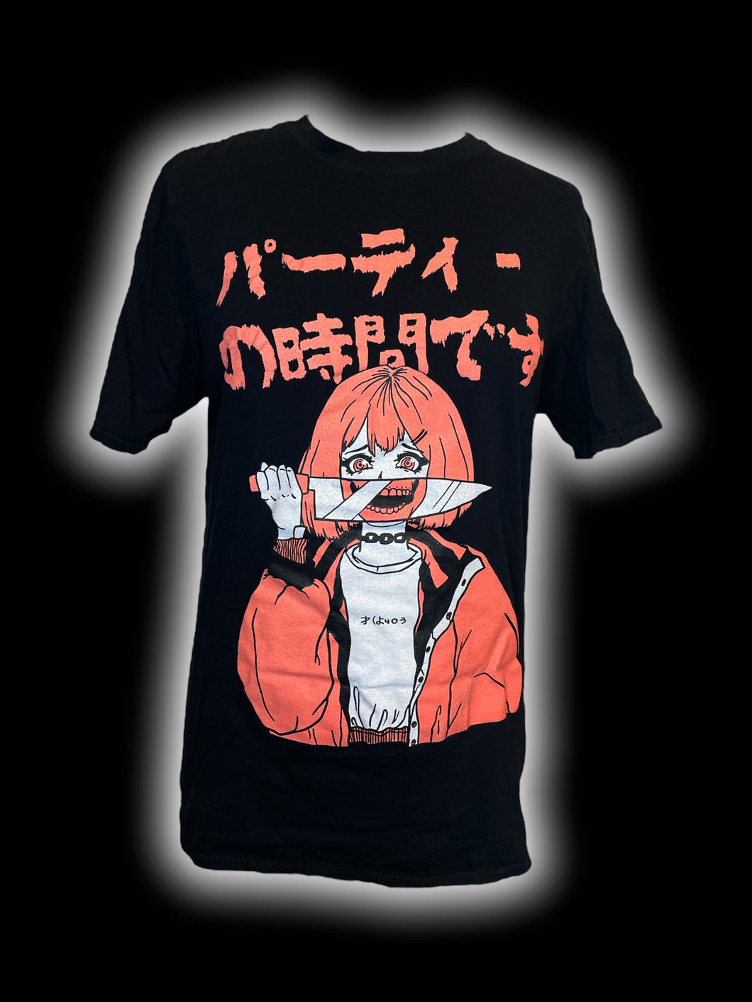 L Black, orange, & white anime graphic short sleeve crew neck cotton top
