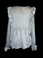 Load image into Gallery viewer, 0X Dusty blue satin-like balloon sleeve top w/ paneling, ruffle detail, &amp; mesh collar
