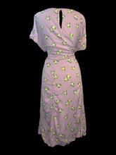 Load image into Gallery viewer, 3X Dusty rose &amp; yellow, green, &amp; white lemon pattern short sleeve v-neck dress w/ faux button front, dusty rose lining &amp; petticoat, &amp; button keyhole closure
