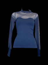 Load image into Gallery viewer, XXS NWT Dark blue long balloon sleeve mock turtleneck top w/ sheer mesh chest &amp; sleeves, &amp; sweetheart neckline
