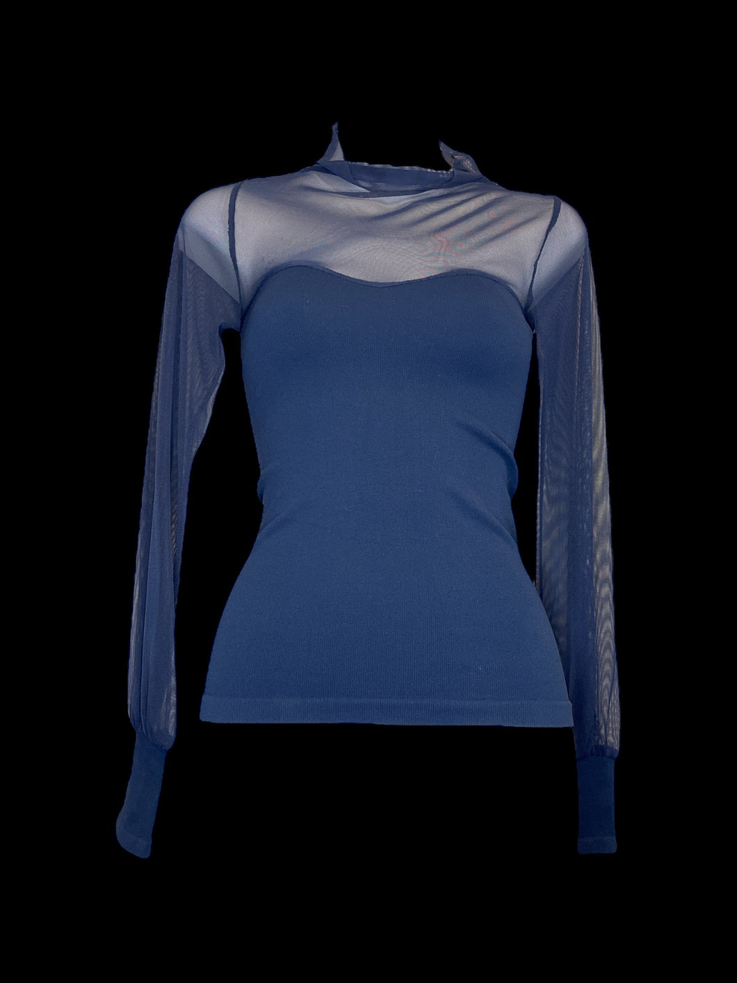 XXS NWT Dark blue long balloon sleeve mock turtleneck top w/ sheer mesh chest & sleeves, & sweetheart neckline