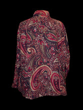 Load image into Gallery viewer, 3X Vintage red, black, &amp; gold paisley long sleeve button down top w/ folded collar, button cuffs, &amp; chest pockets
