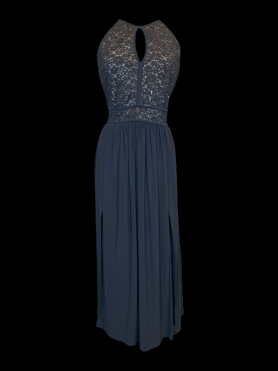 L Blue grey sleeveless high neck maxi dress w/ sequin floral lace chest, keyhole details, & clasp/zipper closure