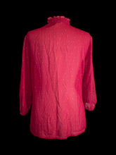 Load image into Gallery viewer, L Hot pink sheer button-up top w/ grey polka dot pattern, ruffle hem detail, pleated bust, &amp; button cuffs
