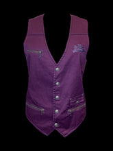 Load image into Gallery viewer, M Plum cotton waistcoat w/ black, white, &amp; red plaid back, cinching buckle, coat of arms embroidery, black embroidery text “Premium Jean XPJ 91”, &amp; zipper pockets
