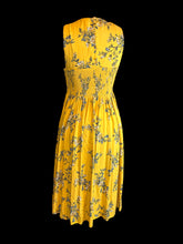 Load image into Gallery viewer, S Yellow &amp; blue floral print sleeveless round neckline dress w/ shirred bodice, &amp; button up back
