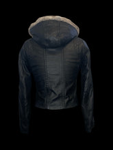 Load image into Gallery viewer, S Black lamb leather hooded moto jacket w/ rabbit fur hood, snap button pockets, &amp; pink interior accents
