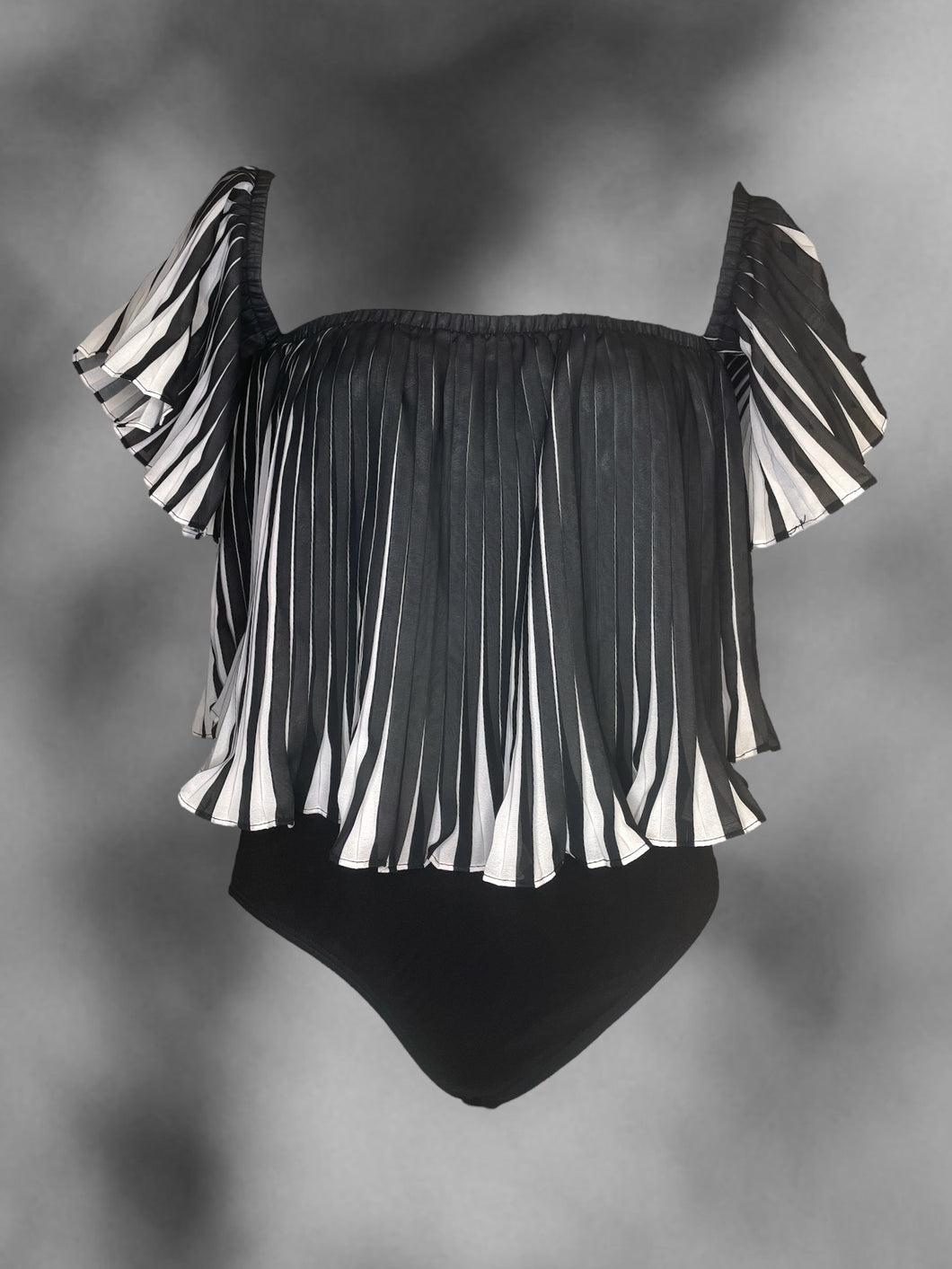 M Black & white pleated off the shoulder bodysuit w/ snap crotch
