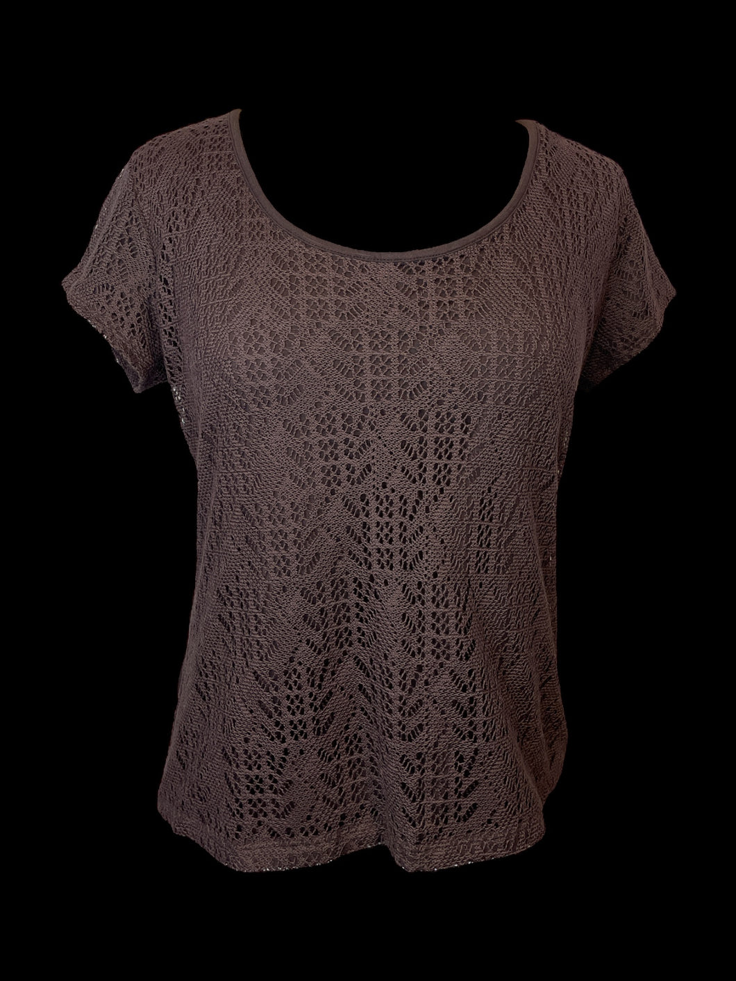 L Brown short sleeve scoop neck lace front top