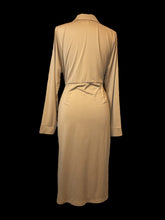 Load image into Gallery viewer, 0X Soft brown long sleeve faux wrap midi dress w/ folded collar, chest pockets, &amp; tie accent
