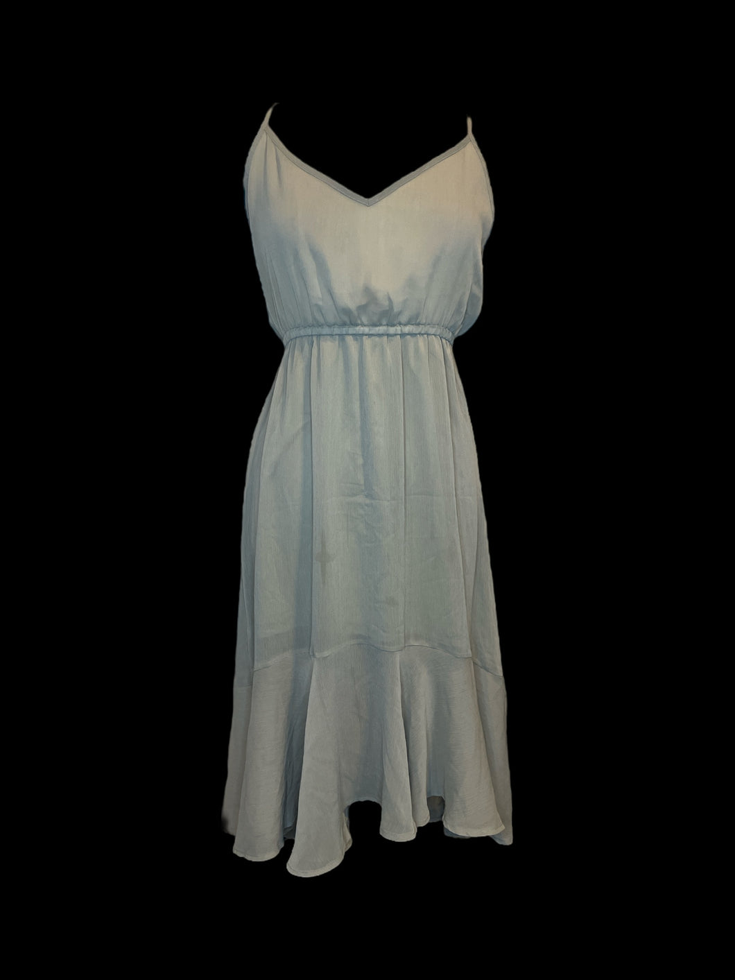 M Sage green sheer sleeveless v-neckline hi-lo dress w/ sage green petticoat, ruffle details, & elastic waist
