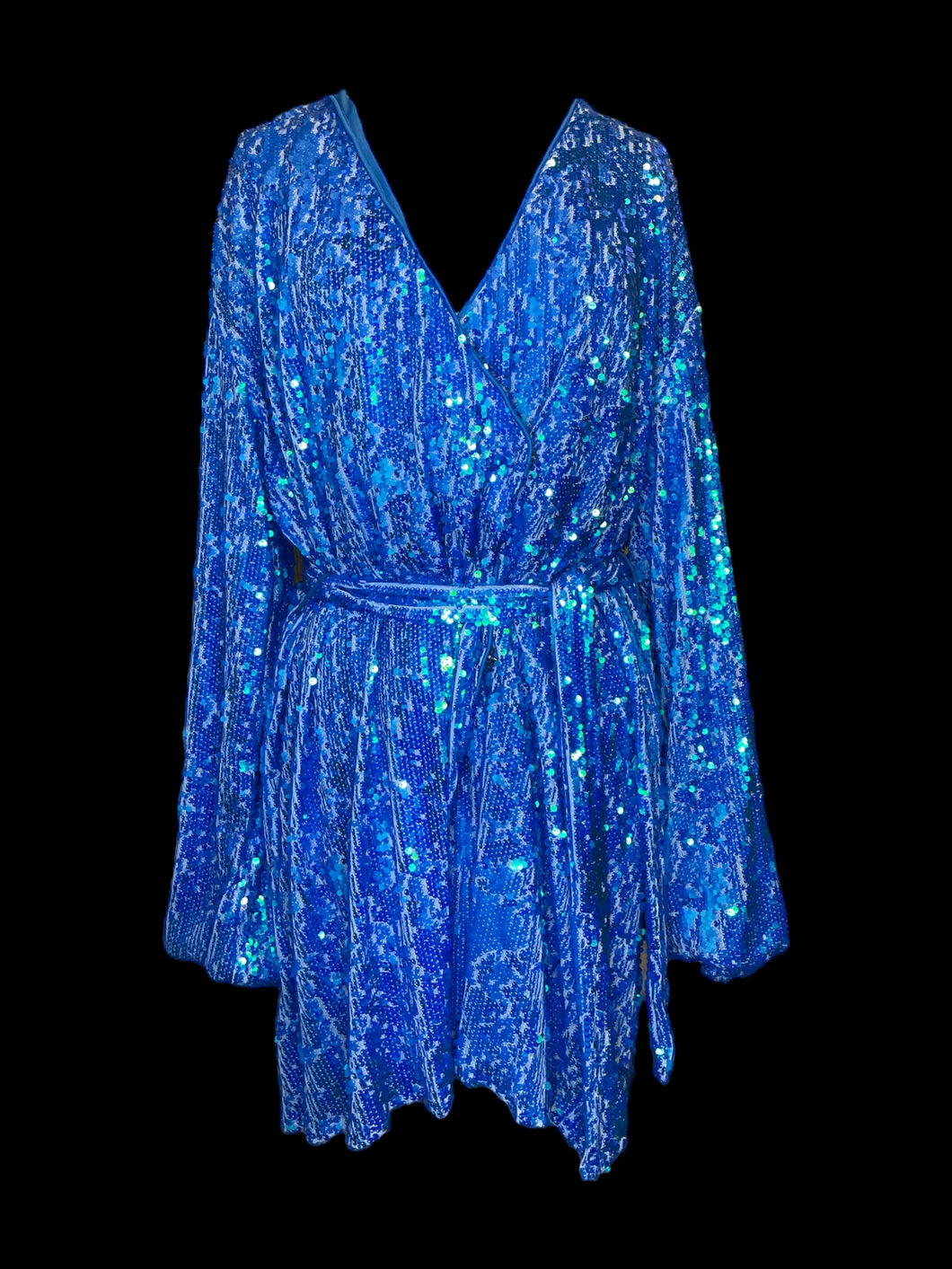 4X NWT Blue metallic sequin long balloon sleeve wrap dress w/ snap closure, & cloth belt