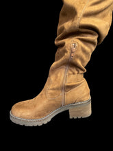 Load image into Gallery viewer, 10W Brown faux suede wide calf knee high boots w/ side buckle, side half zipper, &amp; chunky heel
