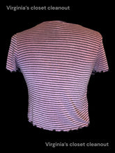 Load image into Gallery viewer, L Purple &amp; black stripe short sleeve round neck crop top w/ ruffle hems
