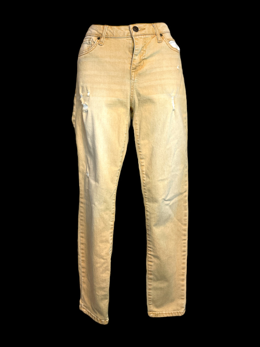 S Pale yellow distressed high waist taper leg pants w/ belt loops, pockets, & button/zipper closure