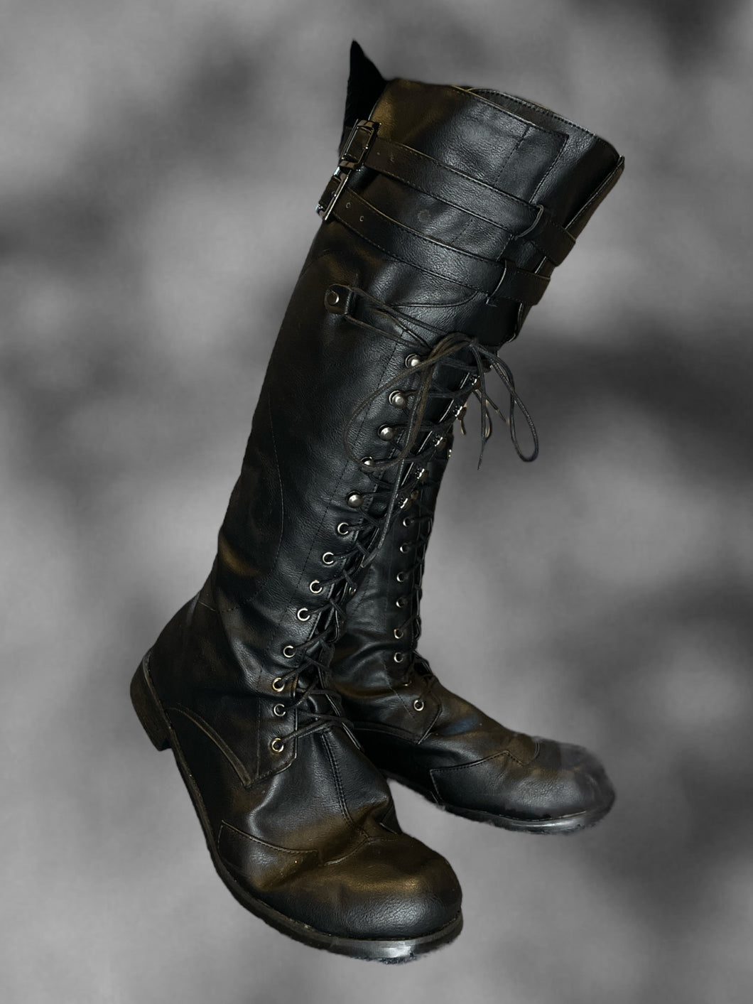 14 Black lace-up knee high combat boots w/ buckle detail, & fleece lining