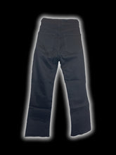 Load image into Gallery viewer, S Black denim high waisted pants w/ frayed hems, pockets, belt loops, &amp; button/zipper closure
