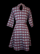 Load image into Gallery viewer, 1X Maroon &amp; grey plaid 3/4 sleeve high neckline midi dress w/ hook closure keyhole back, elastic section on waist, &amp; faux goldtone button straps on sides
