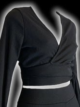 Load image into Gallery viewer, M NWT black rib knit long sleeve wrap top &amp; taper leg pants set w/ elastic waist
