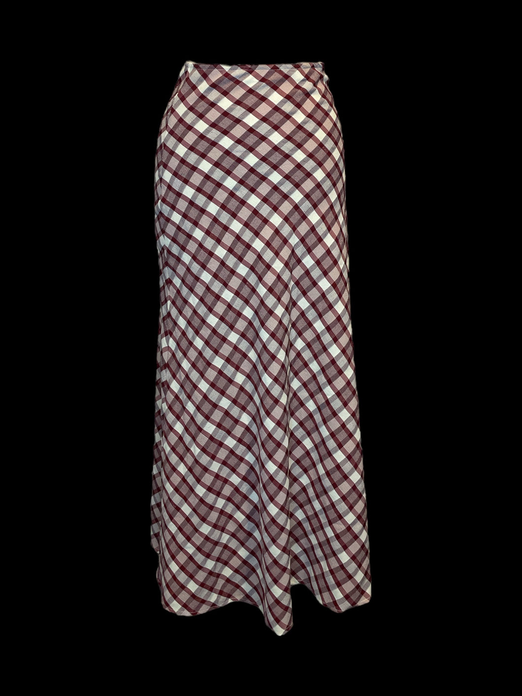 S Vintage 70s red & off-white maxi skirt w/ elastic waist, & four button closure